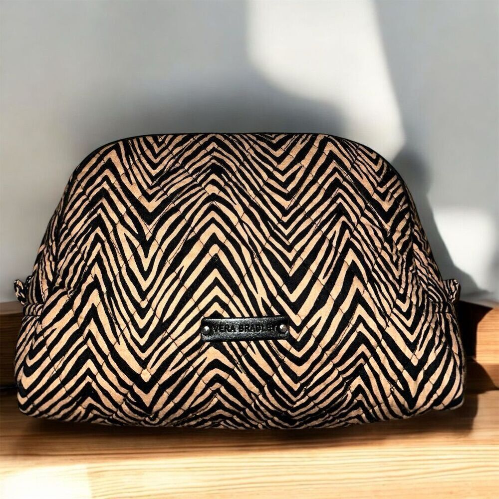 Vera Bradley Zebra Pattern Quilted Cosmetic Bag Clutch Black Tan Zipper Top - Picture 3 of 9